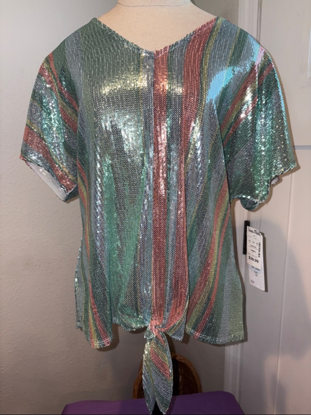 Prelude Sequin Tie-Front Short Sleeve Top in Green Multi